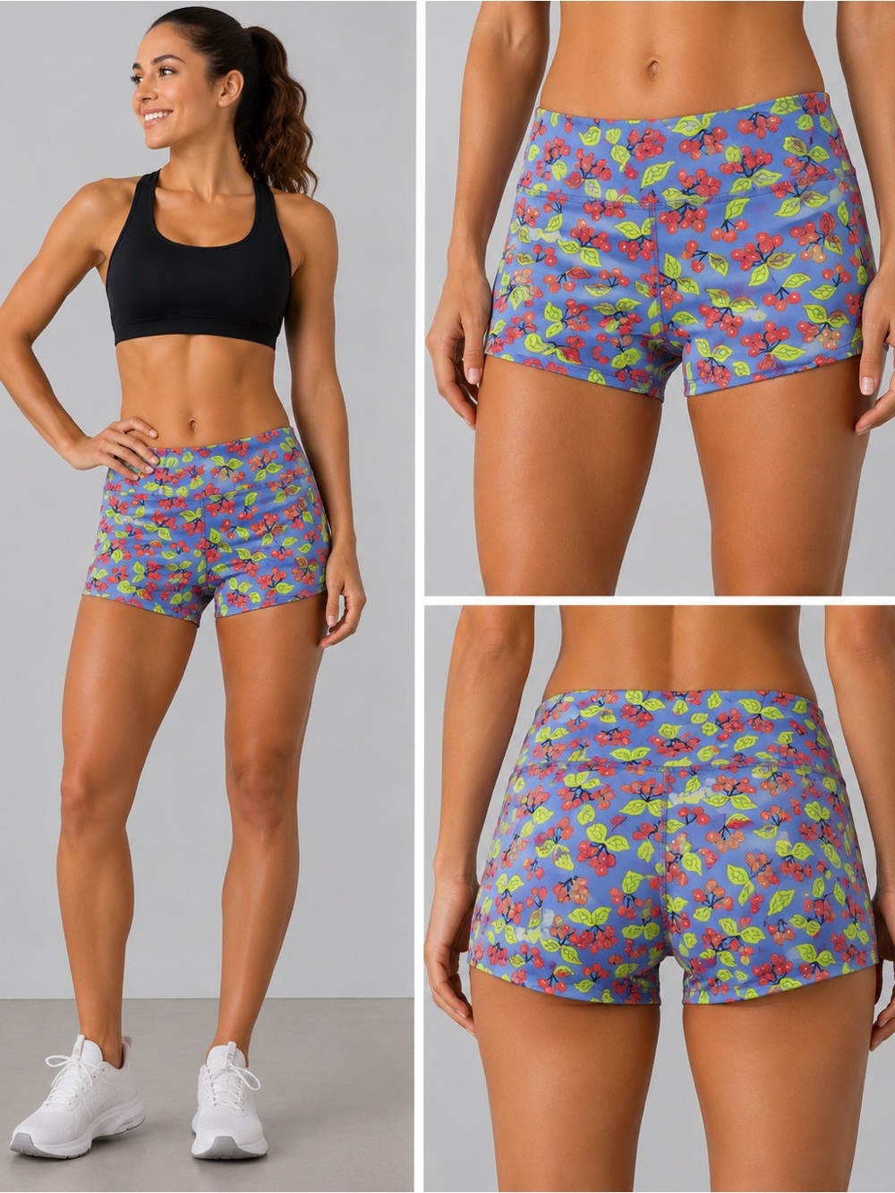 FLEO Cherry Print Booty Shorts Medium Blue Red Athletic CrossFit